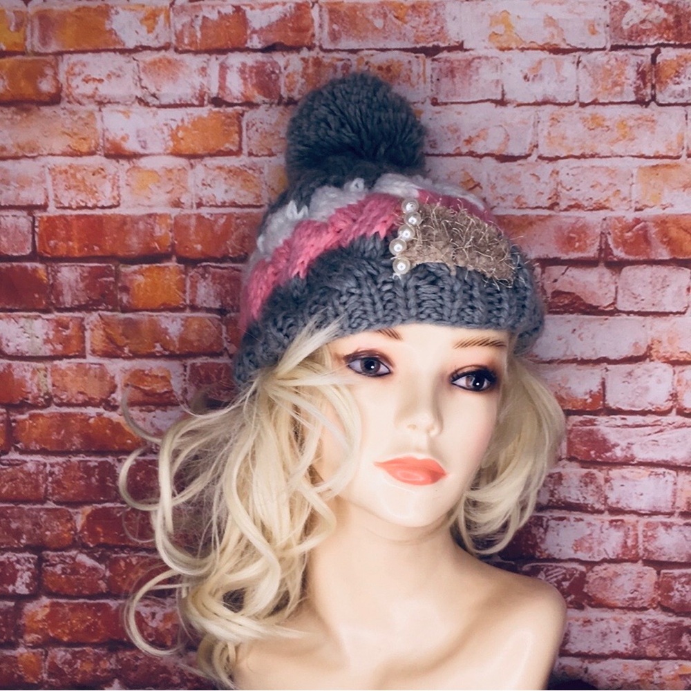 Chunky Pink Gray and White Knit Pearl Embellished Beanie Pom Pom Winter …